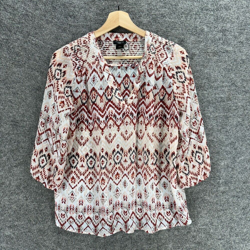 Ann Taylor Blouse Women PM Petite White Geometric V-Neck 3/4 Sleeve Pullover